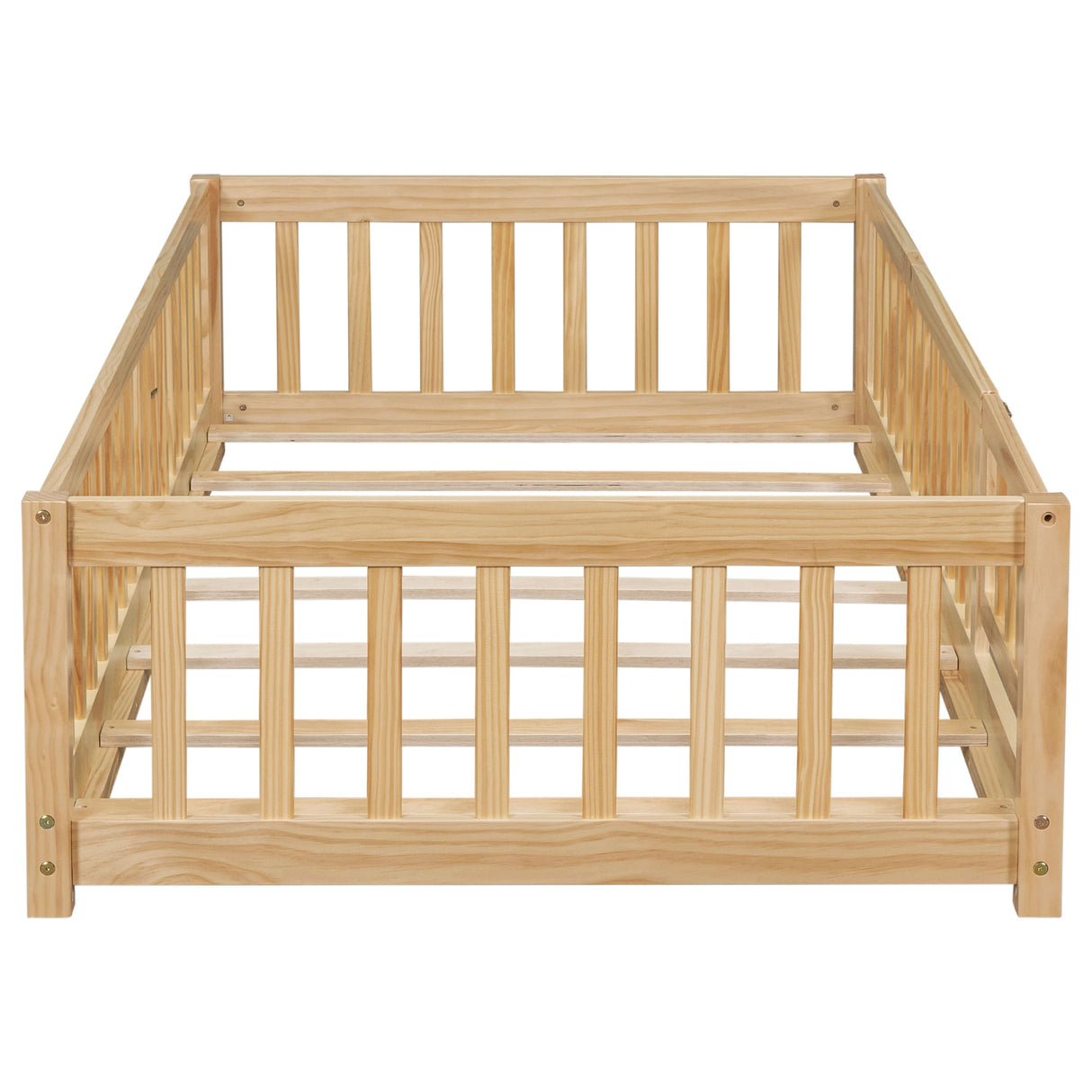 PVWIIK Montessori Twin Size Floor Bed Frame with Convertible Door,Wood Slats for Kids,Wood Montessori Bed w/Safety Guardrails for Girls & Boys,Natural PVWIIK
