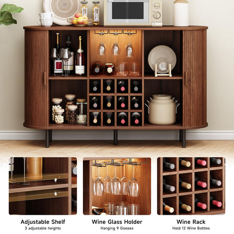 ONBRILL 55" Wine Bar Cabinet with LED Light,Modern Liquor Whiskey Coffee Station with Wine Rack and Glass Holder, Farmhouse Buffet Sideboard with Storage for Living Room, Kitchen, Entryway (Walnut) ONBRILL