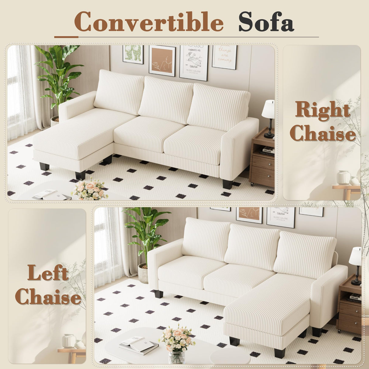 Homall Sofa for Living Room, Couch with Convertible Chaise, 3 Seat L-Shaped Sofas, Comfy Corduroy Couches for Apartment, Small Space, Cream Homall