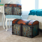 Household Essentials Vintage Wood Storage Trunk, Large, Blue Body/Brown Lid/Floral Design Household Essentials