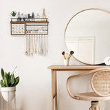 Mkono Hanging Jewelry Organizer Wall Mounted Jewelry Organizer Necklace Holder with Rustic Wood Shelf, Ring Display Box, Ear Studs Earring Holder Bracelet Organizer Mkono
