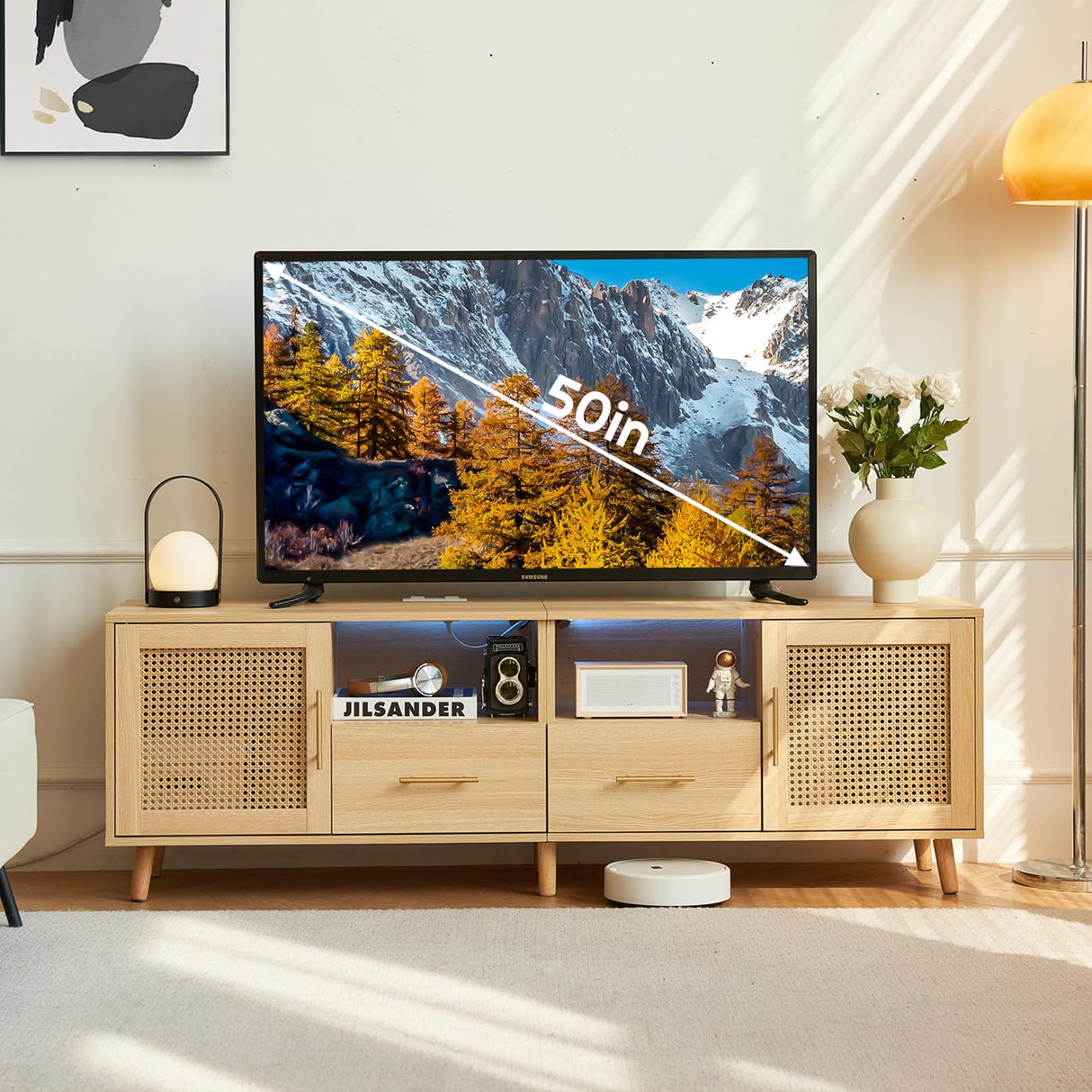 JanflyHome TV Stand for 70 Inch TV-Modern Rattan Media Console with Power Outlet, Entertainment Center with LED Light, Rattan TV Console Furniture for Living Room, Wood JanflyHome