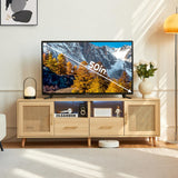 JanflyHome TV Stand for 70 Inch TV-Modern Rattan Media Console with Power Outlet, Entertainment Center with LED Light, Rattan TV Console Furniture for Living Room, Wood JanflyHome