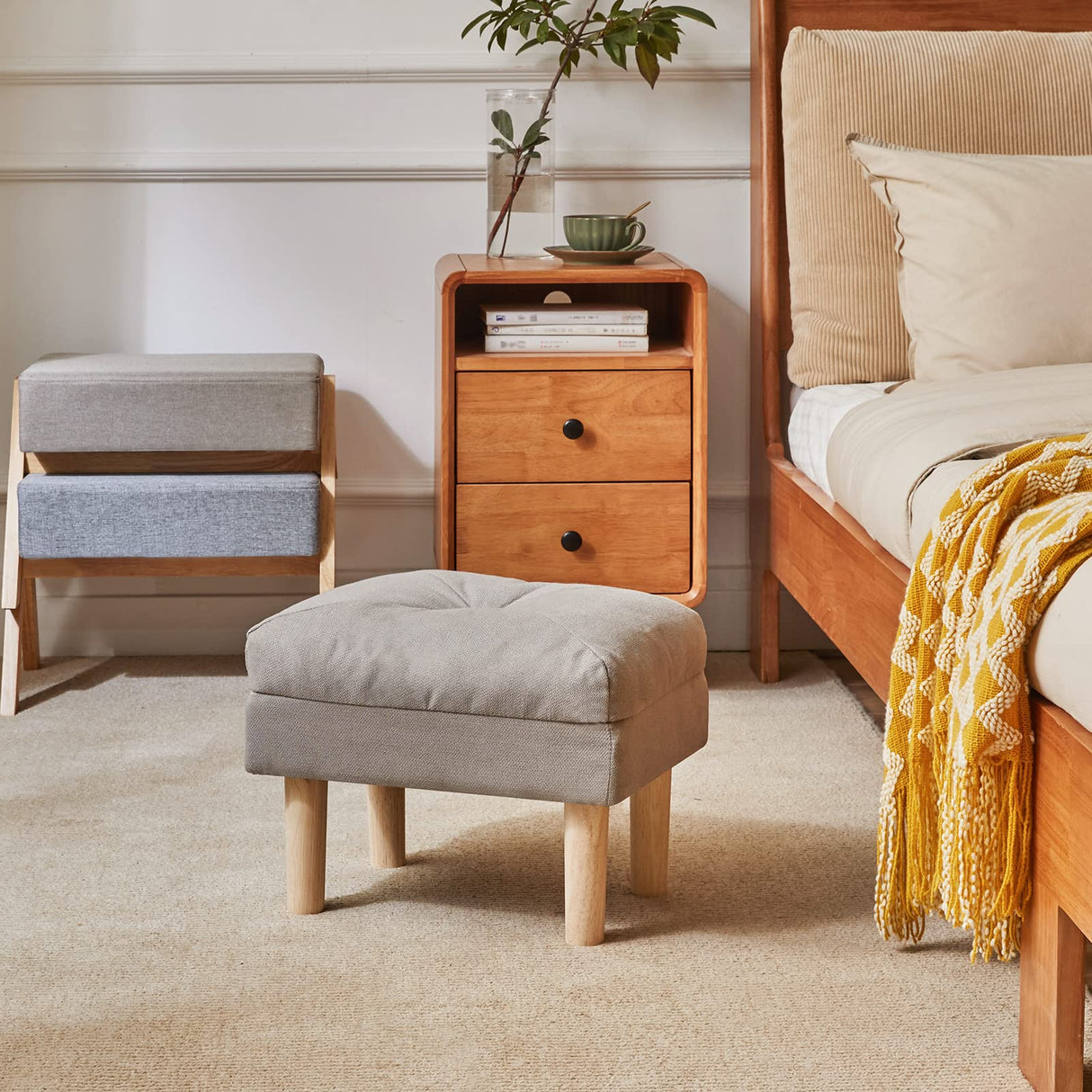 YMYNY 15.75" Small Footstool Ottoman, Footrest with Sponge Padded Seat, Step Stool for Sofa, Bedroom, Living Room, Entryway, Modern Change Shoes Stool, Wood Legs, Gray, UHBD023G YMYNY