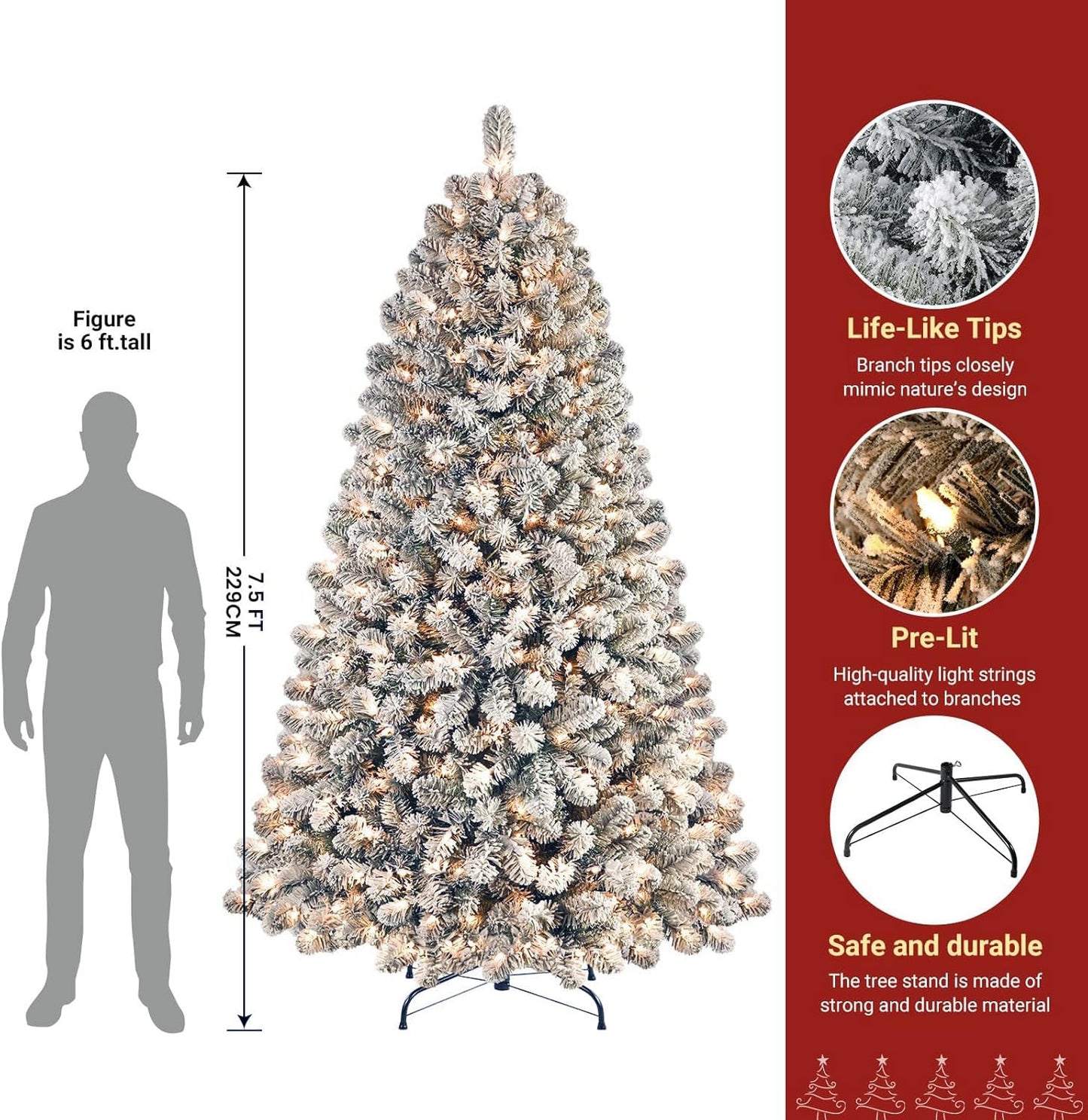 SHareconn 7.5ft Prelit Snow Flocked Artificial Holiday Christmas Tree with 350 Warm White Lights, Foldable Stand, Full Snow Branch Tips for Home, Office, Party Decoration, 7.5 FT, White