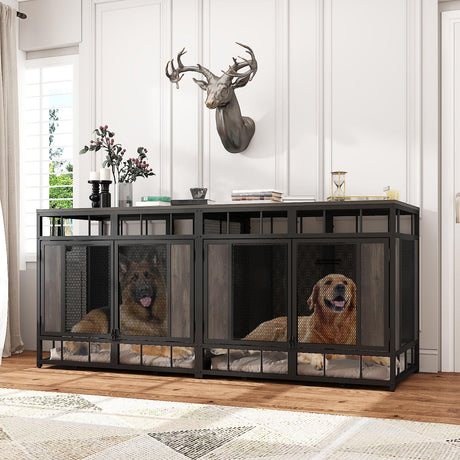 PIAOMTIEE 70.9" Large Double Dog Crate Furniture, Heavy Duty Wooden Iron Crate Kennel Furniture with Removable Divider for Small Medium Large Dogs, Rustic Brown+Black PIAOMTIEE