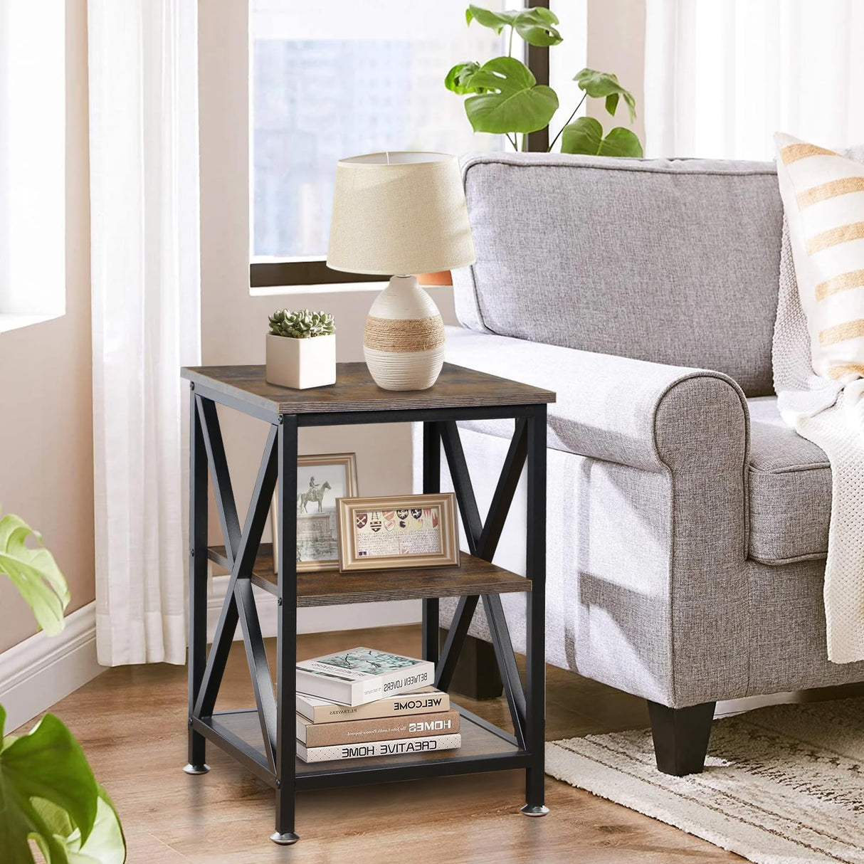 End Tables Living Room Set of 2, 16" D x 16" W x 24" H, Indoor End Tables Living Room with Storage Shelf, Square End Table Set of 2, X-Shaped Night Stands for Bedroom, Farmhouse Wood Side Tables TooCust