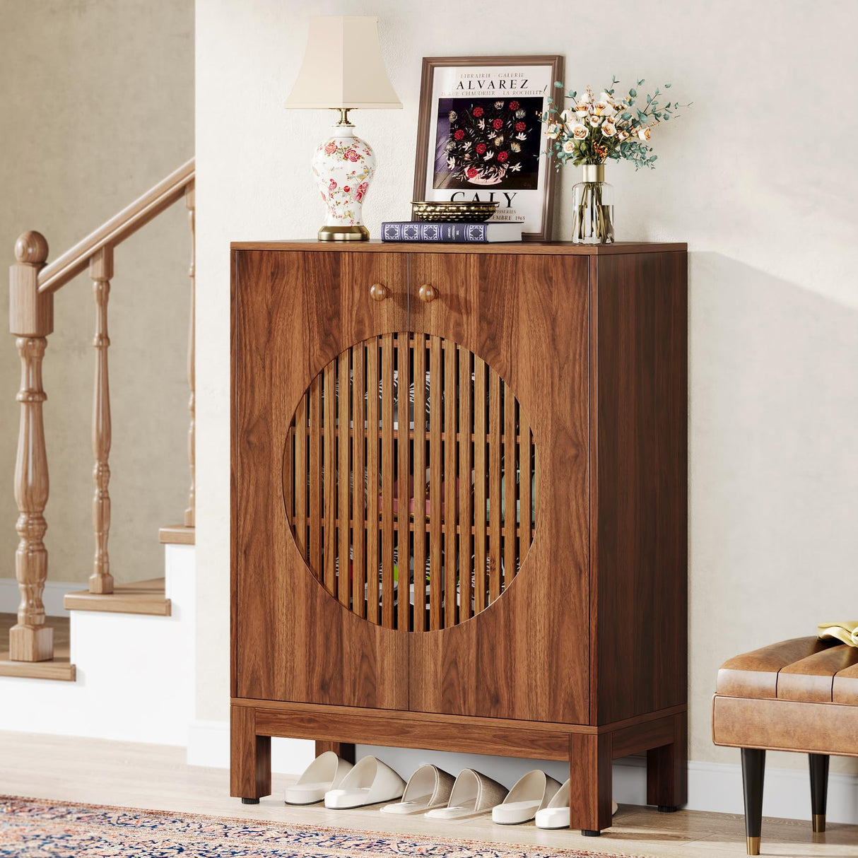 Tribesigns 5-Tier Shoe Cabinet with Round Louvered Doors, 20 Pairs Farmhouse Shoe Storage Cabinet with Adjustable Shelves, Freestanding Shoe Rack Organizer for Entryway, Hallway, Living Room, Brown Tribesigns