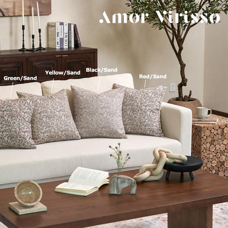 Amor Virisso Floral Throw Pillow Covers 18x18 Set of 2 Vintage Block Print Pillow Covers Decorative Pillow Covers Couch Pillows for Living Room Farmhouse Accent Sofa Pillows, Black/Sand Amor Virisso