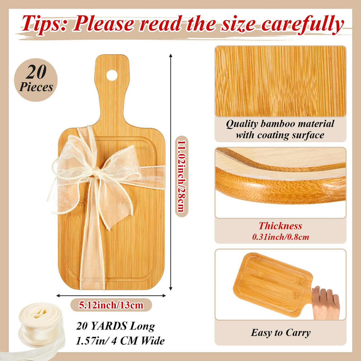 Kigley 20 Pcs Small Bamboo Cutting Board Bulk Wedding Engraved Blanks Board Chopping Board Customized Laser Board for Wedding Housewarming Gift (Bamboo Color,11 x 5.12 Inch) Kigley