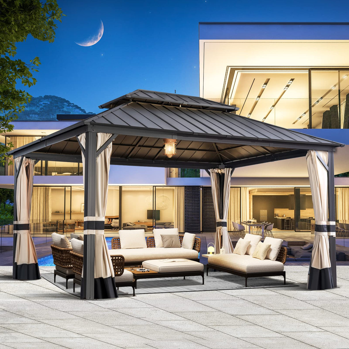 Warmally 12' x 16' Hardtop Gazebo, Outdoor Permanent Gazebo with Galvanized Steel Double Roof Canopy, Aluminum Frame Pavilion with Netting and Curtains for Patio, Deck, Backyard, Lawn and Gardens Warmally