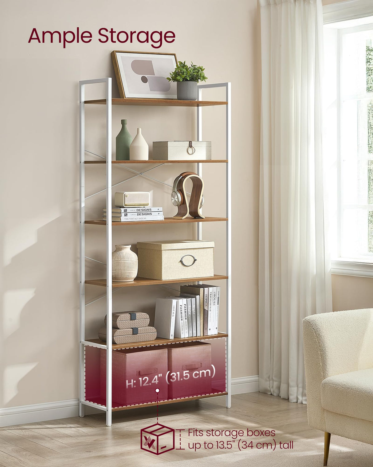 VASAGLE 6-Tier Bookshelf, Bookcase with Steel Frame, Book Shelf for Living Room, Home Office, Study, 11.8 x 31.5 x 73.2 Inches, Industrial Style, Honey Brown and Cloud White ULLS082K01 VASAGLE