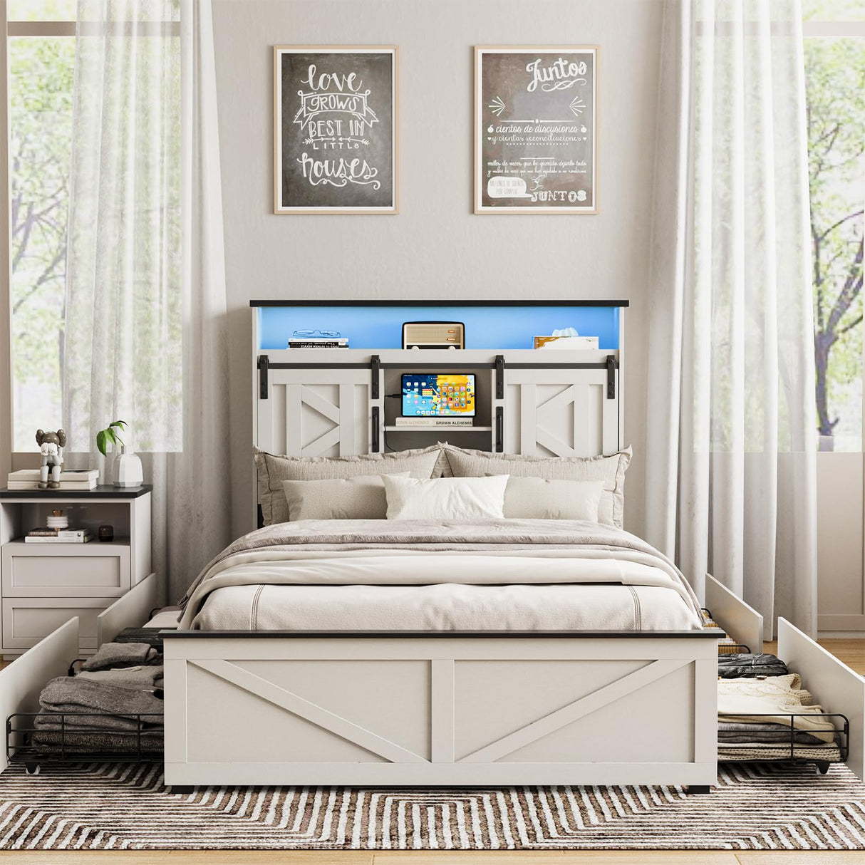 Fameill Farmhouse Twin Size Bed Frame with 4 Drawers and Bookcase Headboard, Sliding Barn Door Storage Shelves, LED Lights and Charging Station, No Box Spring Needed, Antique White Fameill
