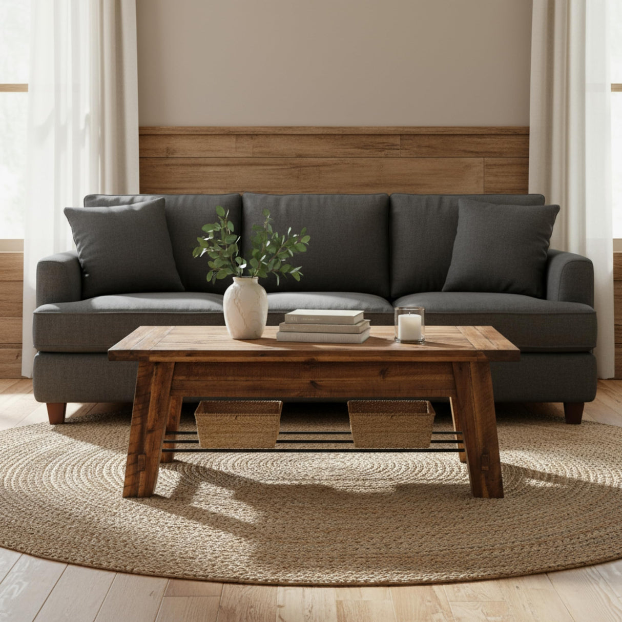 Durango 48-Inch Solid Wood Coffee Table with Storage Shelf Metal Accent – Industrial Farmhouse Living Room Table in Rustic Natural Finish by Alaterre Furniture Alaterre Furniture