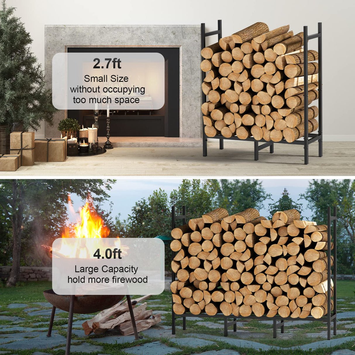 4ft Outdoor Indoor Firewood Rack Holder for Fireplace Wood Storage, Adjustable Stacker Stand, Heavy Duty Fire Logs Stand Stacker Holder for Fireplace Metal Lumber Storage Carrier Organizer NANANARDOSO