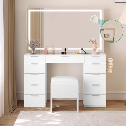 YITAHOME Vanity Desk Set with Large LED Lighted Mirror & Power Outlet, Glass Top Vanity with 11 Drawers and Magnifying Glass, 46'' Makeup Vanity with