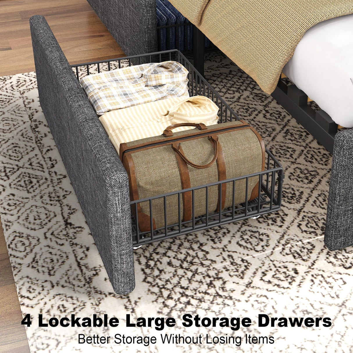 King Size Bed Frame and 2-Tier Headboard, Upholstered Led Bed Frame with 4 Storage Drawers, Led Light and Charging Station, Wooden Slats Support, No Box Spring Needed, NO Noise, Easy Assembly EasyCom