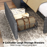 King Size Bed Frame and 2-Tier Headboard, Upholstered Led Bed Frame with 4 Storage Drawers, Led Light and Charging Station, Wooden Slats Support, No Box Spring Needed, NO Noise, Easy Assembly EasyCom