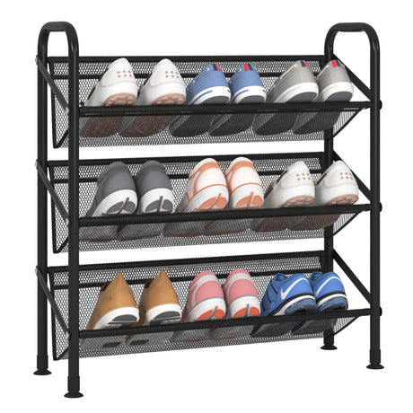 FKUO 3 Tier Shoe rack for closet Mesh fabric narrow Metal shoe racks, Small Shoe Storage Organizer Shelf for Entryway, Hallway, Dorm Room (Black, 3 Tier) FKUO