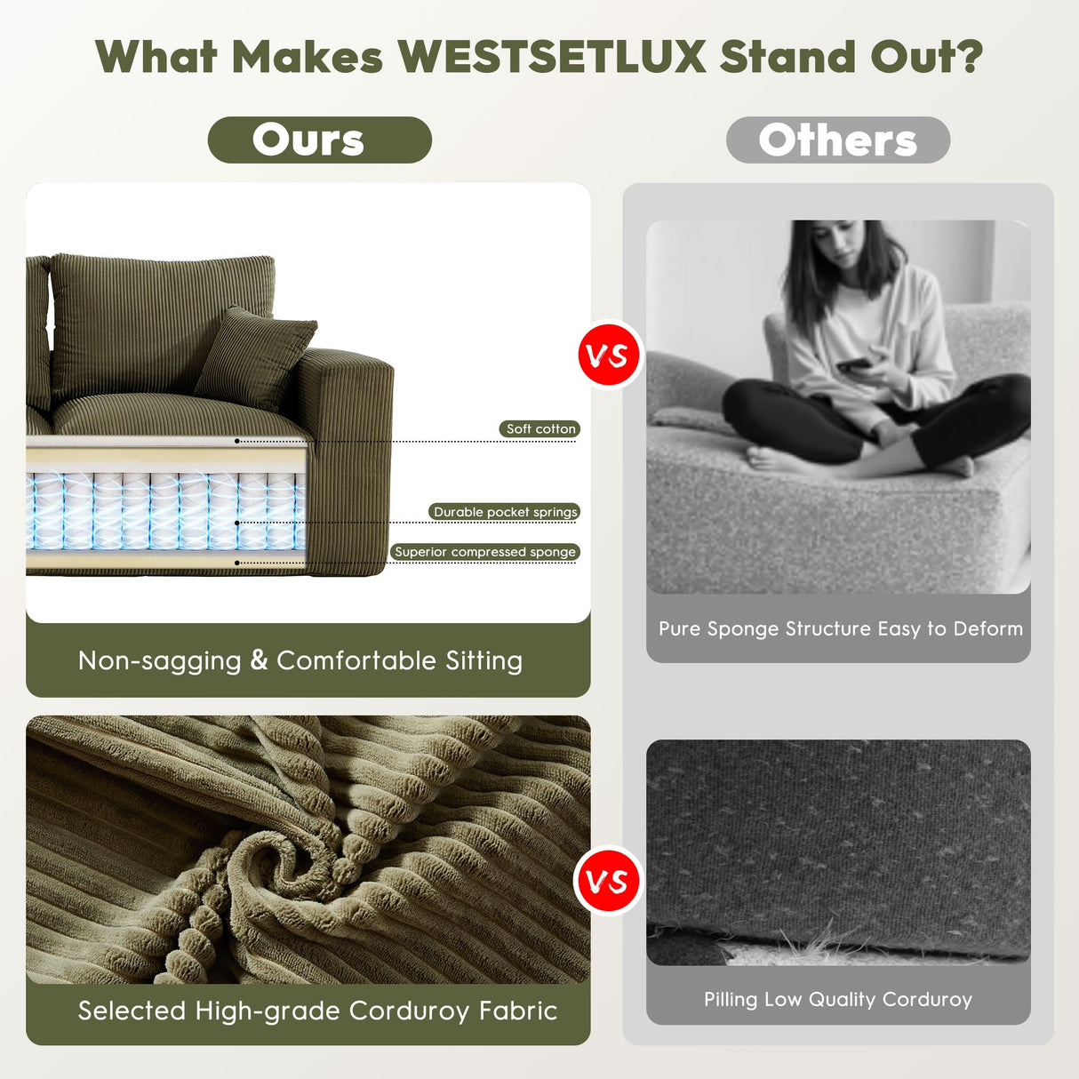 WESTSETLUX 108” Cloud Sectional Sofa Couch with High-Seat, Corduroy Modular Sofa with Oversized Chaise, High-Back Modern L-Shaped Couches for Living Room, No Assembly Required (Green) WESTSETLUX