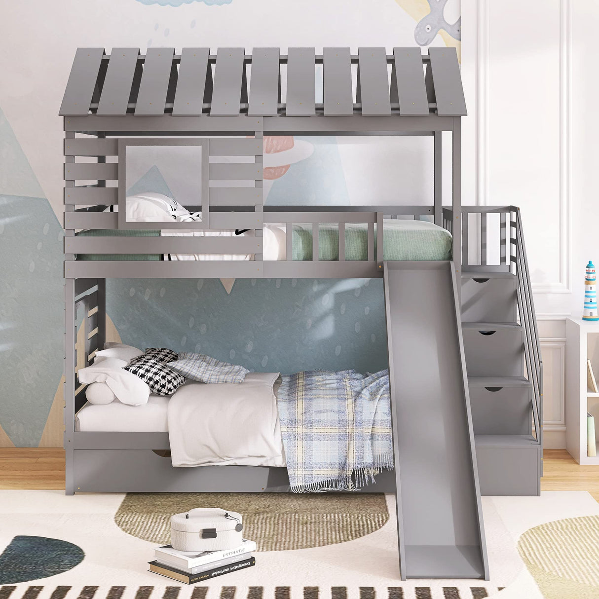 Merax Twin Over Twin House Bunk Bed, Wooden Bed Frame with Trundle and Slide, Storage Staircase, Roof and Window Design, Gray Merax