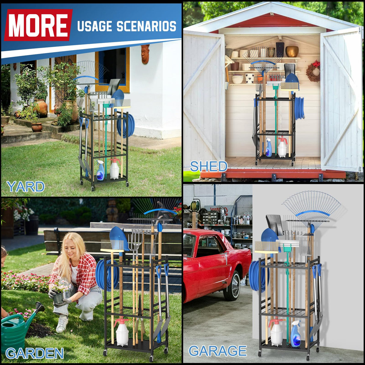 DAOUTIME Garden Organizer With Wheels, Yard Tower Rack for Garage Storage, Up to 35 Long-Handled Tools, Sturdy Metal Steel Holder With 3 Hooks, Outdoor, Black DAOUTIME