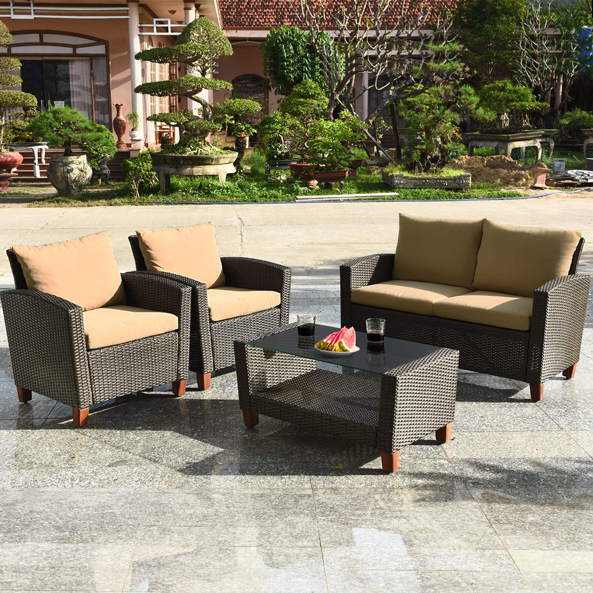 Tangkula 8 Pieces Patio Rattan Furniture Set, Outdoor Wicker Conversation Set with Seat & Back Cushion,and Tempered Glass Coffee Table with Shelf, for Porch, Poolside, Backyard, Garden Tangkula