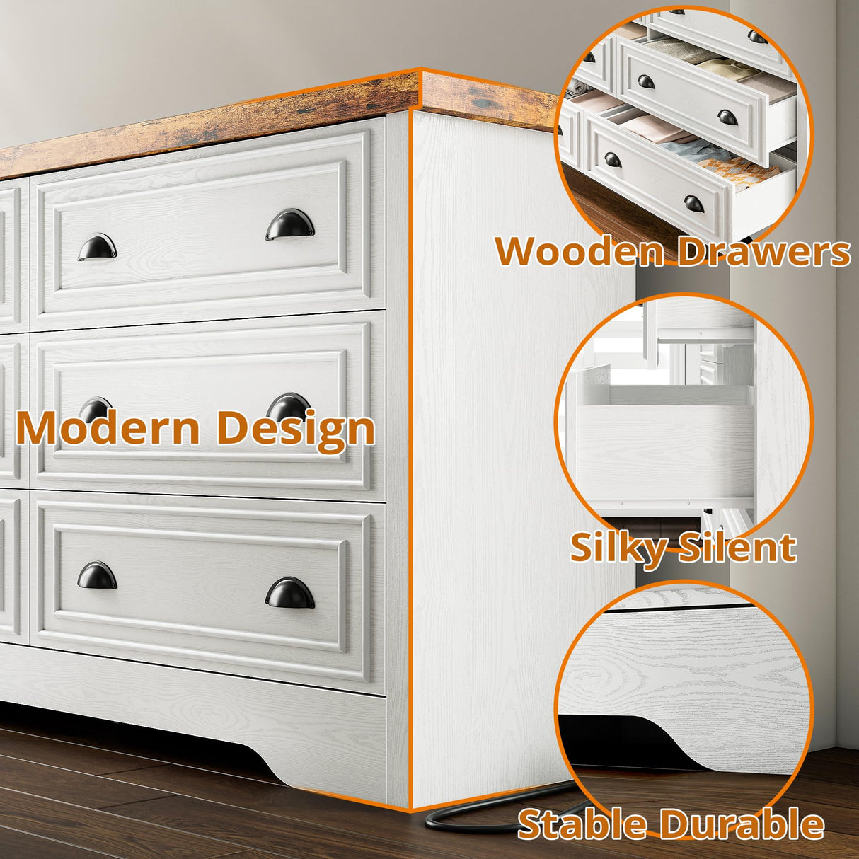 LIKIMIO 59" 6 Drawers Dresser for Bedroom, Power Strip, Farmhouse Large Wood Dressers & Chest of Drawers with Wide Storage Cabinet, Rustic Brown & White LIKIMIO