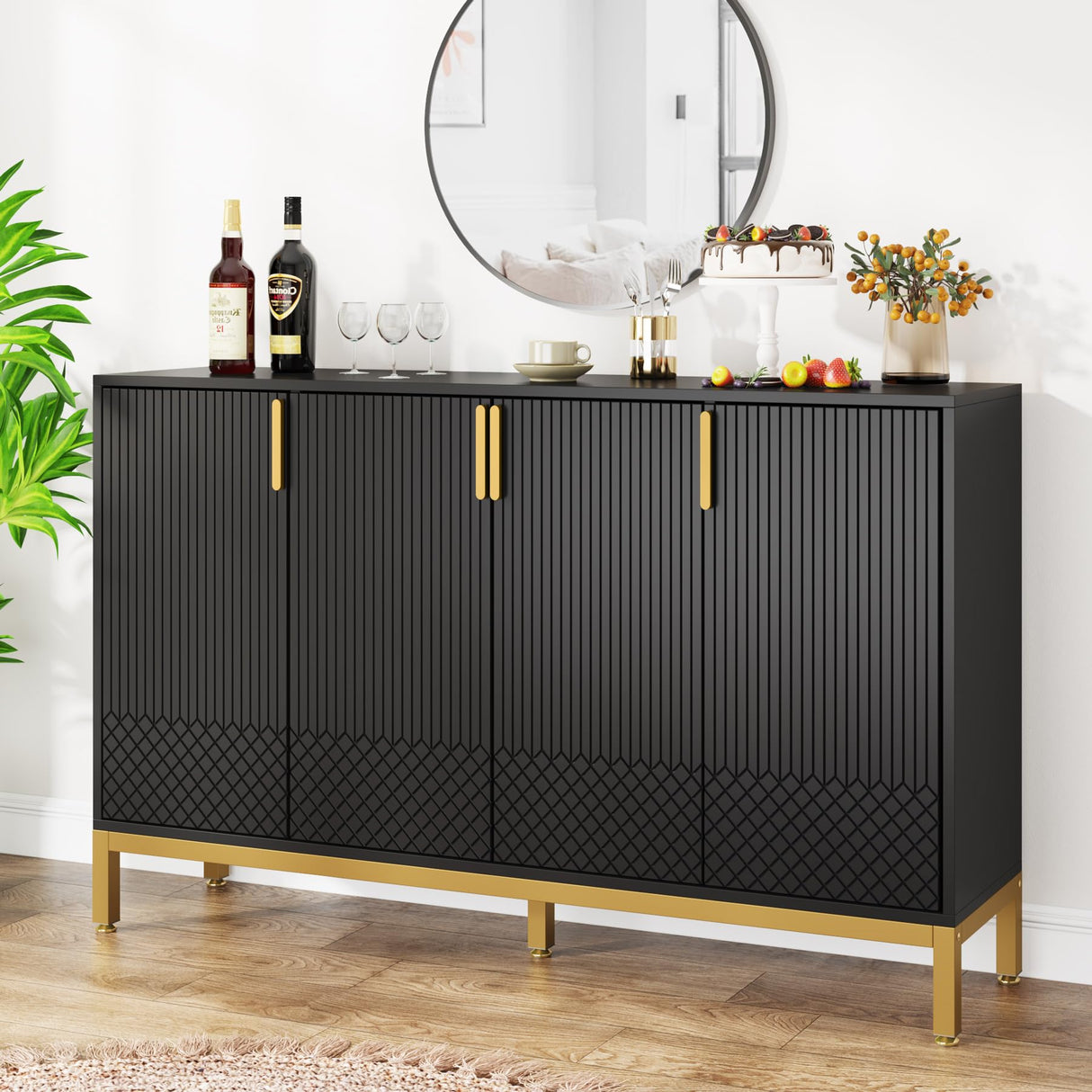 Tribesigns Luxury Buffet Cabinet with Storage, 59 Inch Kitchen Sideboard with 4 Doors, Coffee Bar Cabinet for Dining Room, Living Room, Black and Gold Tribesigns