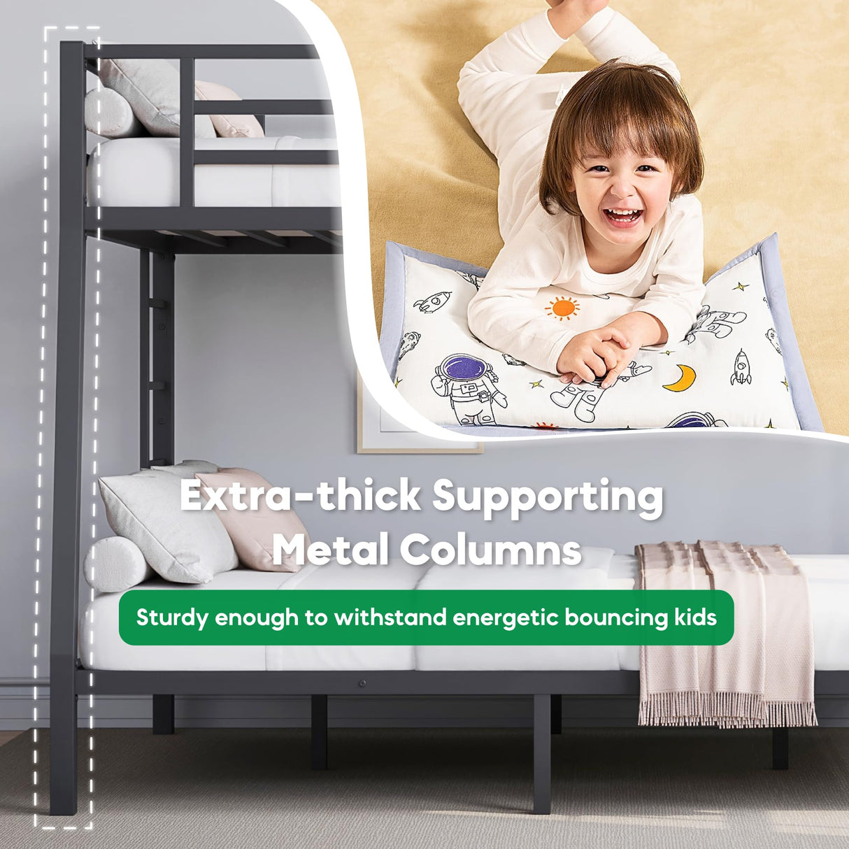 Olodumare Metal Full XL Over Queen Bunk Bed for Kids & Adults with Extra Thick Support Columns & Higher Guardrail, 2 Ladders, Squeak-Free, Heavy Duty, No Box Spring Needed, Easy Assembly, Black Olodumare