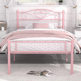 VECELO 14 Inch Twin Size Metal Platform Bed Frame with Headboard and Footboard, Heavy Duty Mattress Foundation with Steel Slats Support, No Box Spring Needed, Pink VECELO