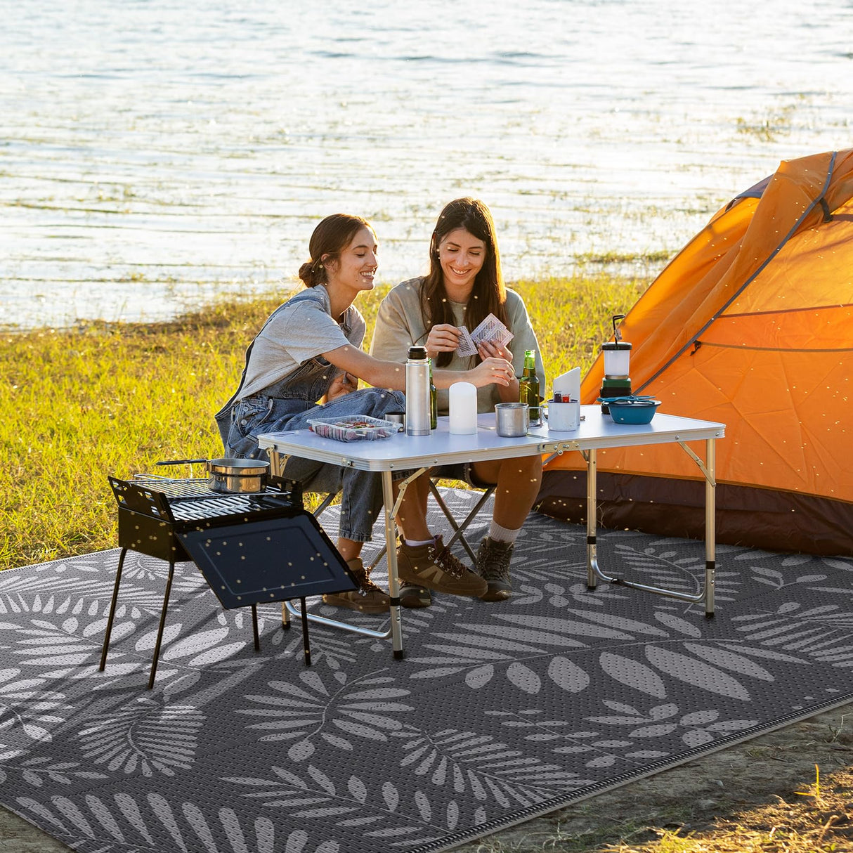 Outdoor Rug, Patio Rug, Plastic Straw Camping Rugs, Large Waterproof Area Rug and Mat for Outdoors, RV, Patio, Backyard, Deck, Porch, Beach, Balcony, (5'x 8', White&Gray) StepRite