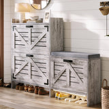 AMERLIFE Farmhouse Entryway Shoe Storage Bench with USB Motion Sensor Light, Flip Drawers & Cushioned Seat, Narrow Hallway Shoe Cabinet for Small Space, Rustic White AMERLIFE