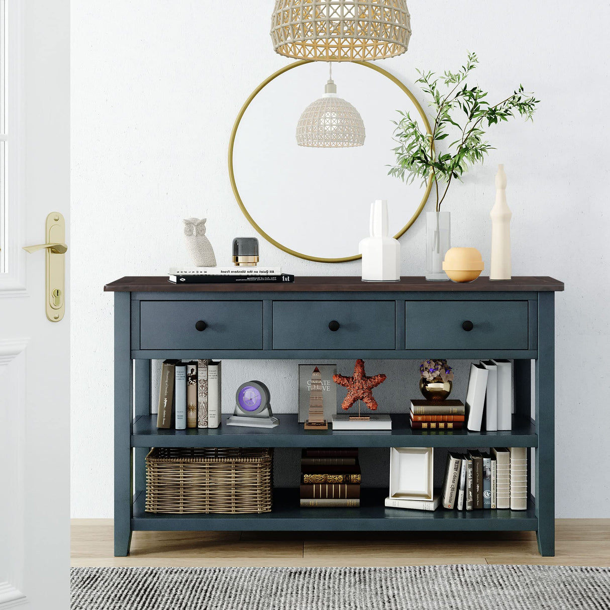 Knocbel Entryway Console Table with 3 Drawers and Open Shelves, Entry Hallway Foyer Sofa Long Table, 220lbs Weight Capacity, 50" L x 16" W x 30" H (Navy) Knocbel