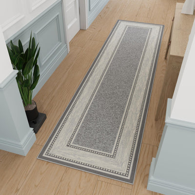 Machine Washable Bordered Design Non-Slip Rubberback 3x10 Traditional Runner Rug for Hallway, Kitchen, Bedroom, Living Room, 2'7" x 9'10", Light Gray