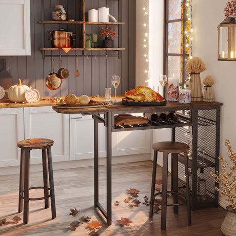 Expandable Rustic Brown Bar Table and Chair Set with Wine Rack and Adjustable Storage Shelves by Bestier Bestier