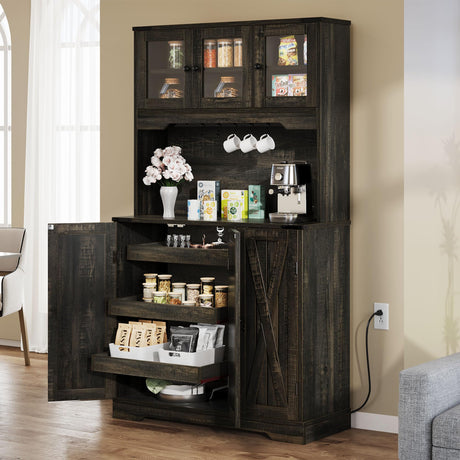 DWVO 71" Tall Kitchen Pantry Storage Cabinet with Charging Station, Kitchen Hutch Cabinet with Storage Drawers, Farmhouse Freestanding Cupboard Cabinet for Dining Room,Dark Rustic Oak DWVO