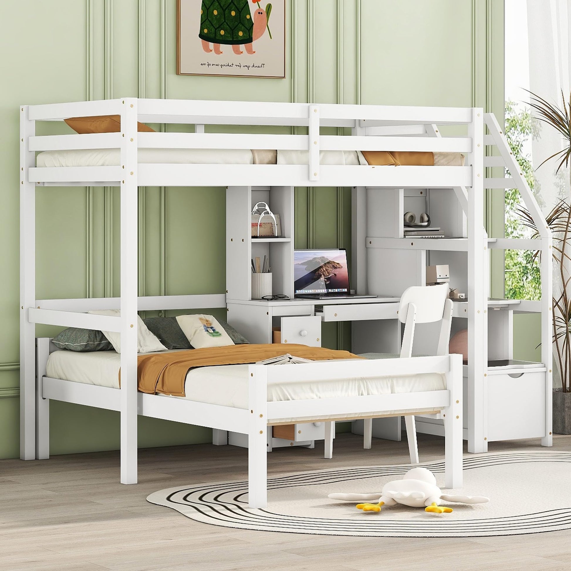 Harper & Bright Designs Twin Loft Bed with Stairs, Desk, Shelves, and Storage Drawers in White - WoodArtSupply