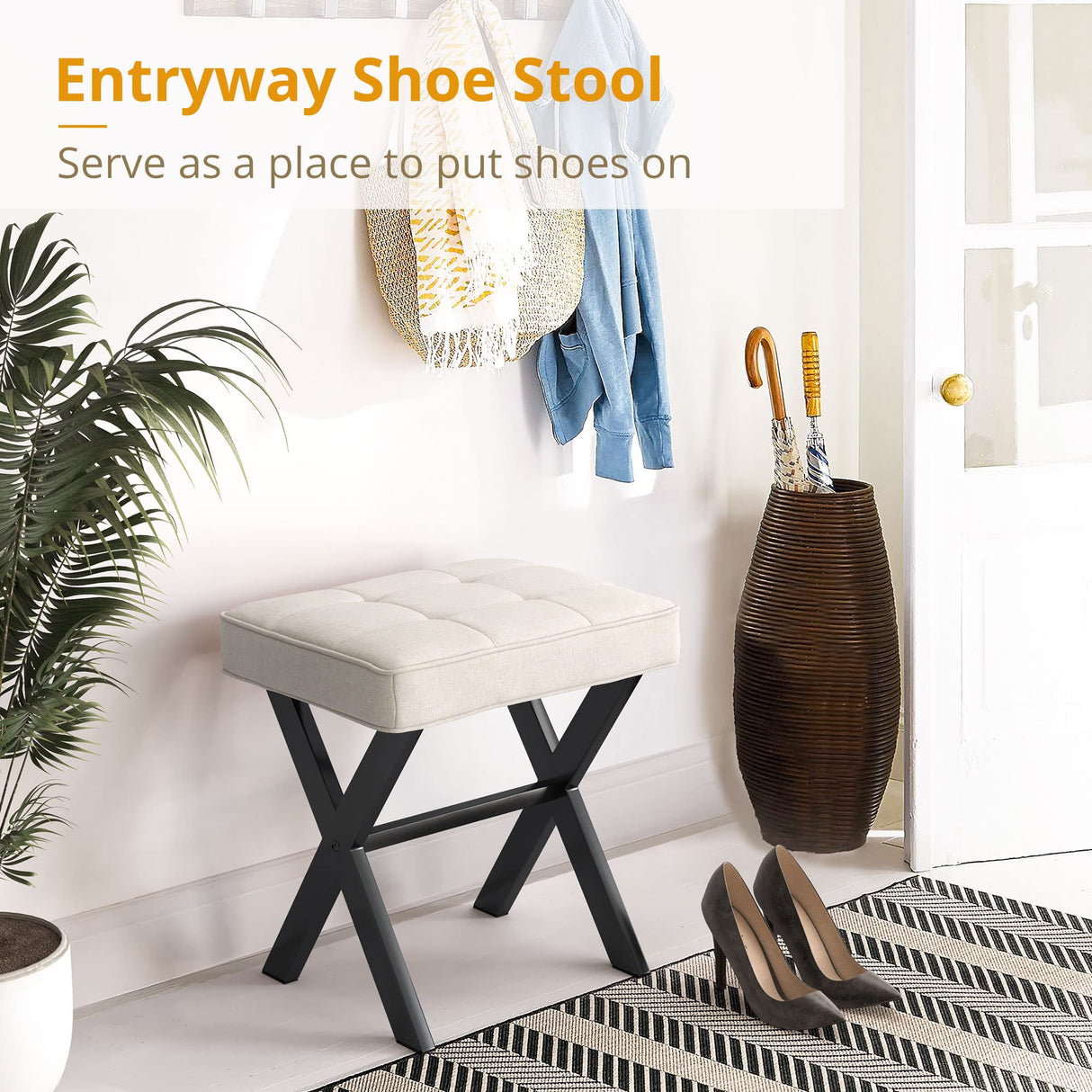 LUE BONA Ottoman Foot Stool Vanity Stool, Square Linen X-Leg Foot Rest Ottoman Makeup Stool, Small Stool Chair for Vanity, Modern Padded Vanity Seat for Makeup Room, Living Room, Bathroom, Linen Color LUE BONA