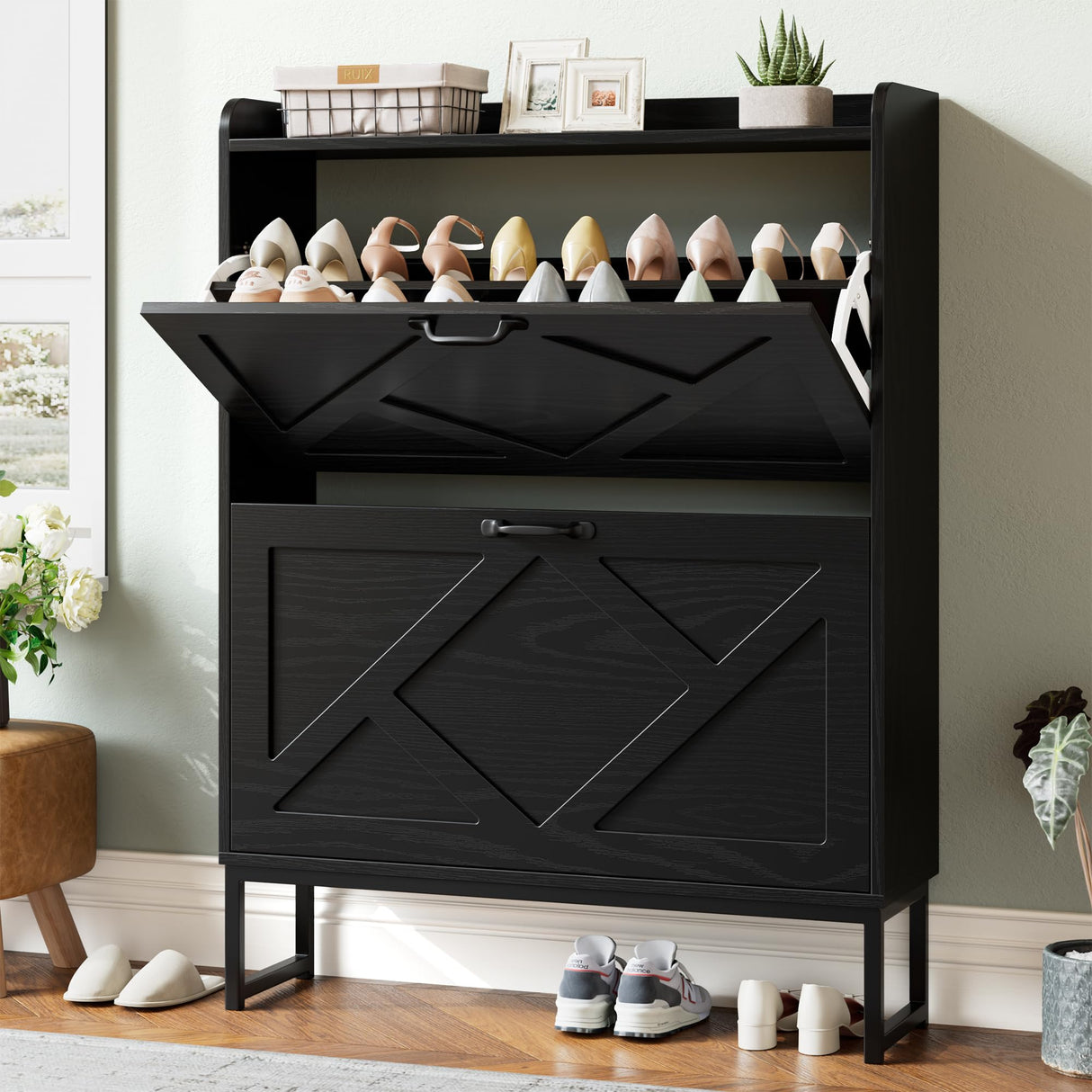 Nicetree Shoe Storage Cabinet with 2 Flip Drawers, Freestanding Shoe Organizer, Shoe Cabinet with Metal Legs, Narrow Shoe Rack Cabinet, Farmhouse Slim Shoe Cabinet for Entryway, Foyer, Hallway, Black Nicetree