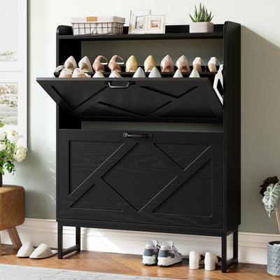 Nicetree Shoe Storage Cabinet with 2 Flip Drawers, Freestanding Shoe Organizer, Shoe Cabinet with Metal Legs, Narrow Shoe Rack Cabinet, Farmhouse Slim Shoe Cabinet for Entryway, Foyer, Hallway, Black