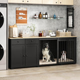DAWNSPACES Large Dog Crate Funiture with Drawers, 78.7" Luxury Wooden Heavy Duty Dog Kennel Table Furniture with Sliding Door, Indoor Dog House TV Stand for Large Medium Breed Dogs, Black DAWNSPACES
