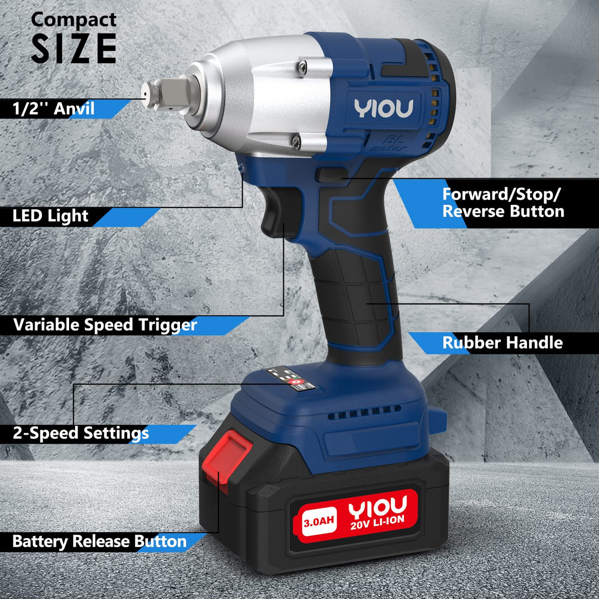 YIOU 20V MAX Cordless Impact Wrench Kit, 1/2 Inch, Compact, Blue YIOU