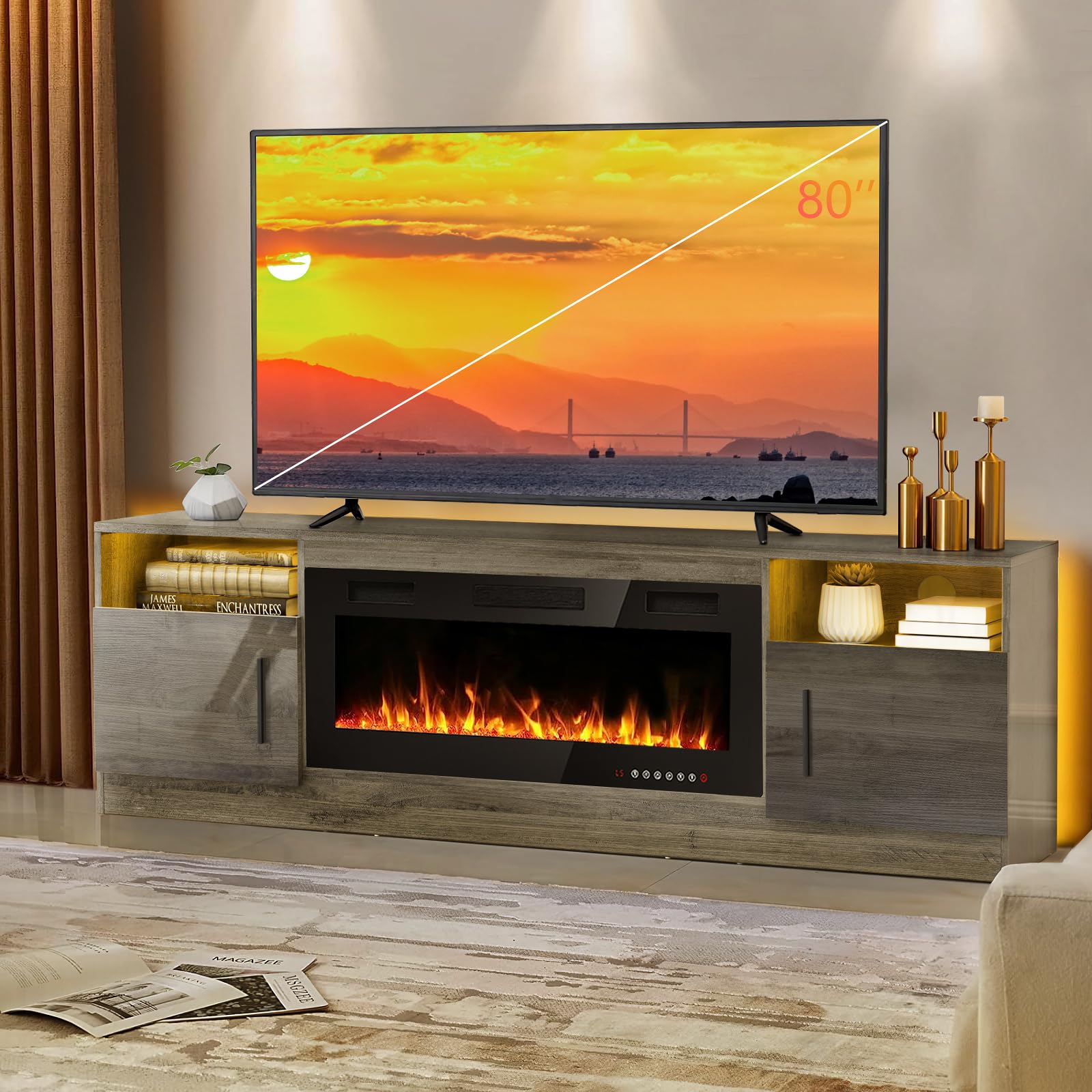 LEMBERI Fireplace tv Stand with 36 inch Fireplace Up to 80" TVs,LED Light Entertainment Center and Storage, 70" Modern Wood Media TV Console with Highlight Cabinet for Living Room (Gray) - WoodArtSupply