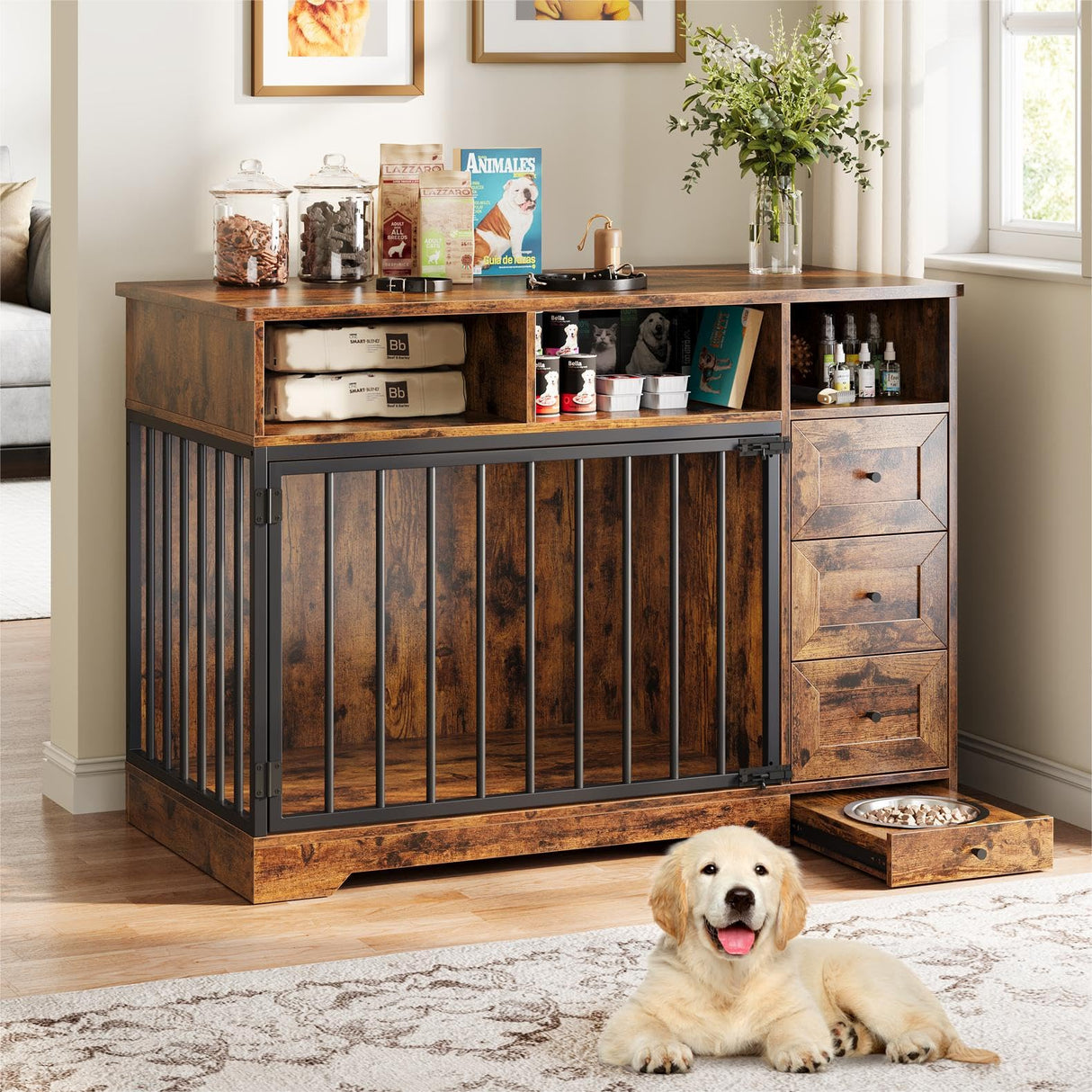 GarveeLife 48 Inch Dog Crate Furniture, Farmhouse Dog Kennel with Dog Bowl & Storage Drawers, Heavy Duty Pet Crate Table for Medium Small Dogs for Living Room, Entryway, Retro Brown GarveeLife
