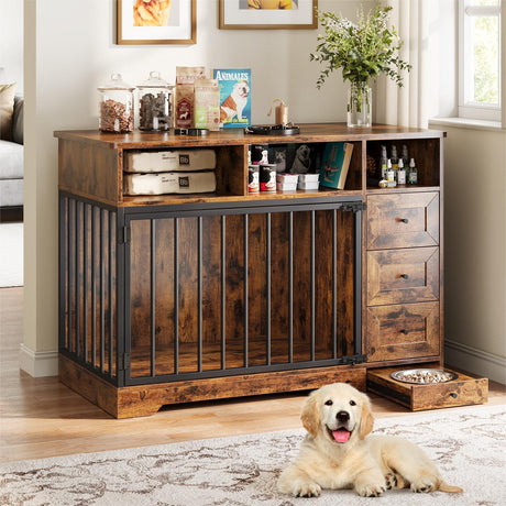 GarveeLife 48 Inch Dog Crate Furniture, Farmhouse Dog Kennel with Dog Bowl & Storage Drawers, Heavy Duty Pet Crate Table for Medium Small Dogs for Living Room, Entryway, Retro Brown GarveeLife
