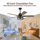 Curve Curio 52 Inch Farmhouse Ceiling Fan with Light Industrial Ceiling Fan Rustic Caged Chandelier Fan for Living Room Bedroom Patio (Black, 52 inch) Curve Curio