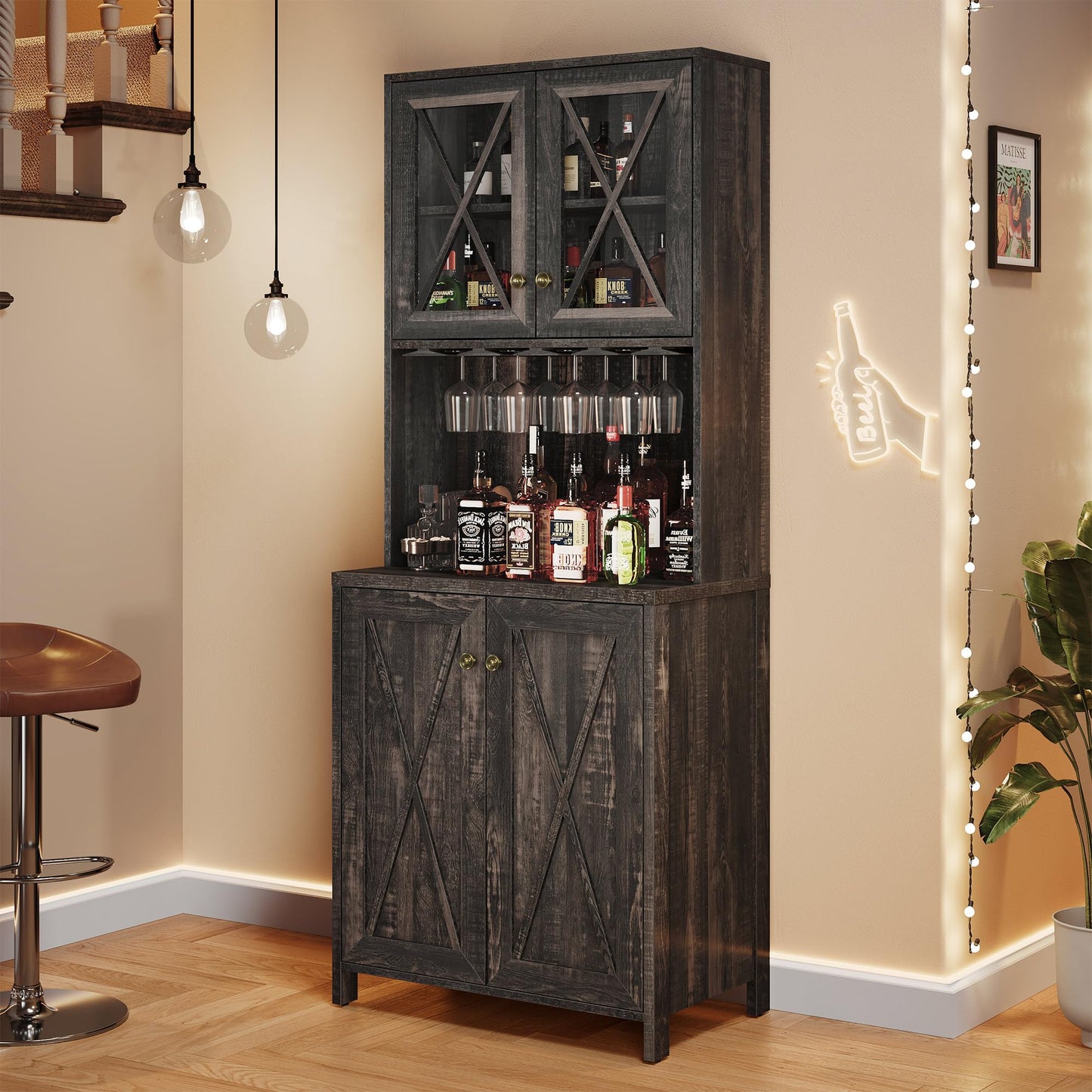 YITAHOME Farmhouse Bar Cabinet for Liquor and Glasses, 67'' Tall Freestanding Kitchen Cabinet with Wine Rack ＆ Glass Cabinet Doors, Open Storage Shelves for Dining Room, Hallway, Dark Rustic  - WoodArtSupply