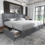 Allewie Upholstered King Size Platform Bed Frame with 4 Storage Drawers and Headboard, Square Stitched Button Tufted, Mattress Foundation with Wooden Slats Support, No Box Spring Needed, Light Grey Allewie