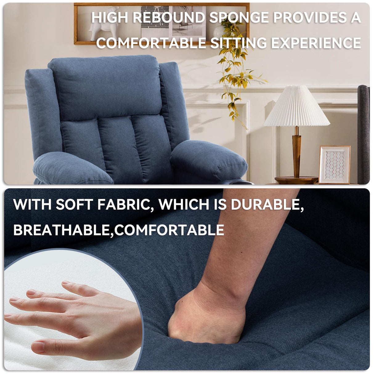 Andeworld Power Recliner Chair,Reclining Sofa Chair with Heat and Massage for Adults, Upholstered Heating Point Theater Seating Single Sofa with Side Pockets Sidetable for Living Room, Blue Andeworld